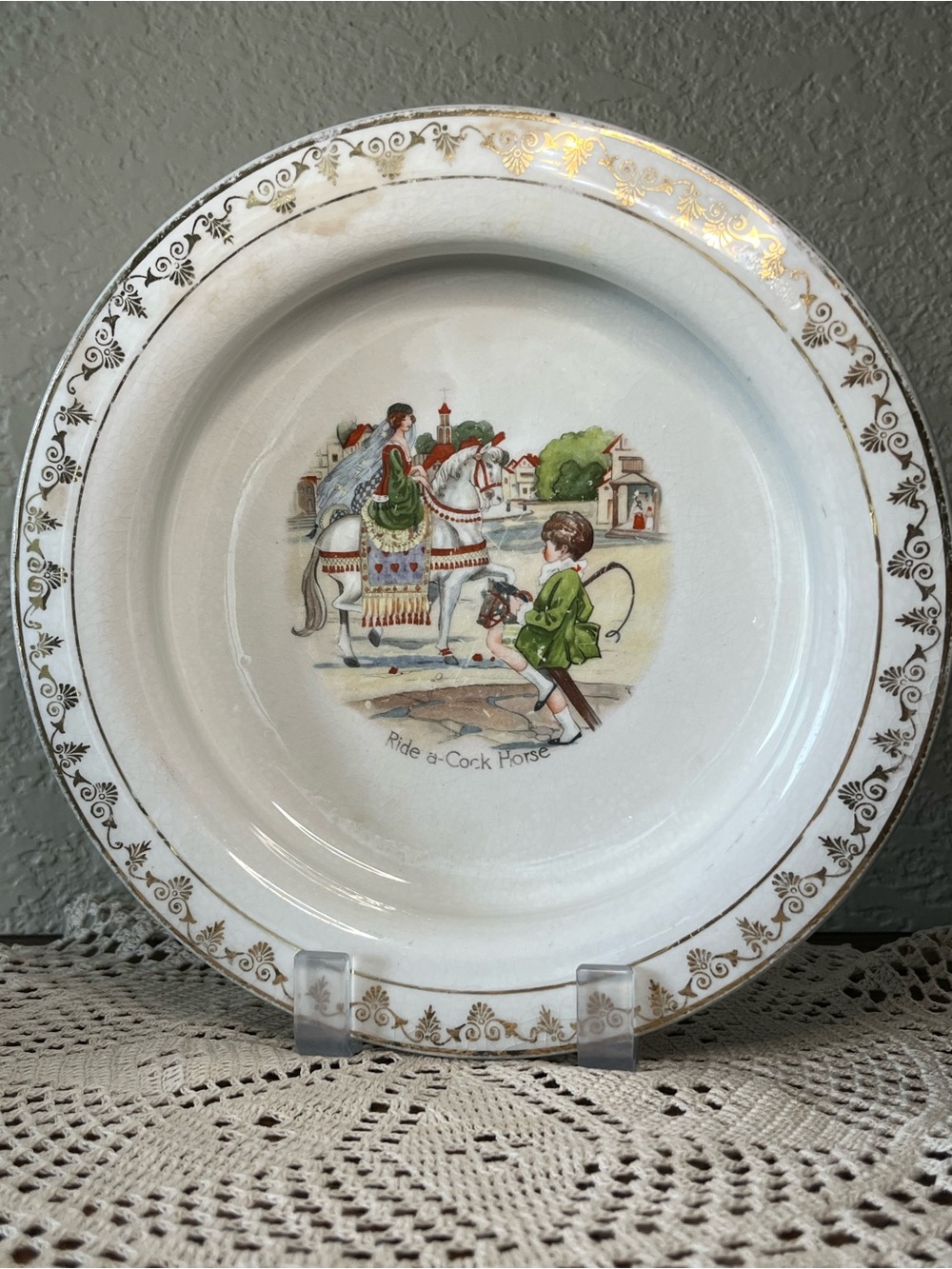Antique D.E. McNicol Holdfast Baby Plate Ride a-Co*k Horse 1897–1915